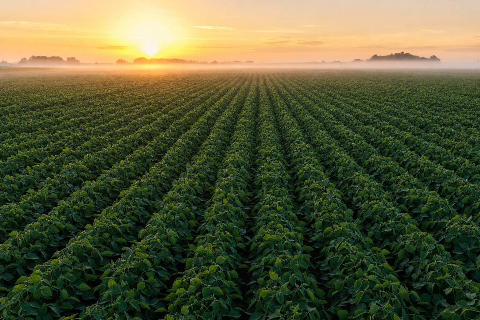 Healthy soybean field at sunrise