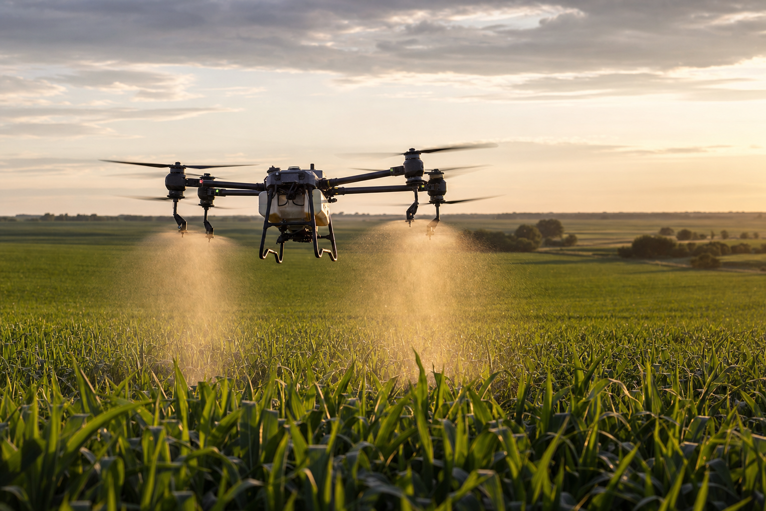 Agricultural spray drone applying fungicide over a corn field at sunset